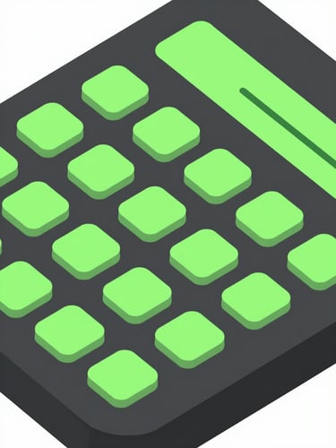 A macro close-up of a vintage mechanical calculator key array, flat digital-backlit illumination, high-contrast slate and neon green, clean geometric lines.