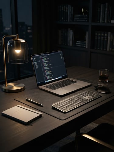 Low-key dramatic studio shot of a sleek modern workspace, warm gold lighting reflecting on metallic and glass surfaces, sharp shadows, premium editorial style.