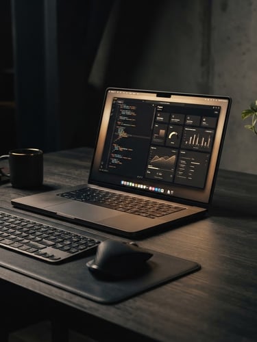 Sleek modern workspace setup, high-end aluminum hardware displaying a clean user interface, warm desaturated gold reflections on dark metallic surfaces, dramatic studio lighting, 35mm lens
