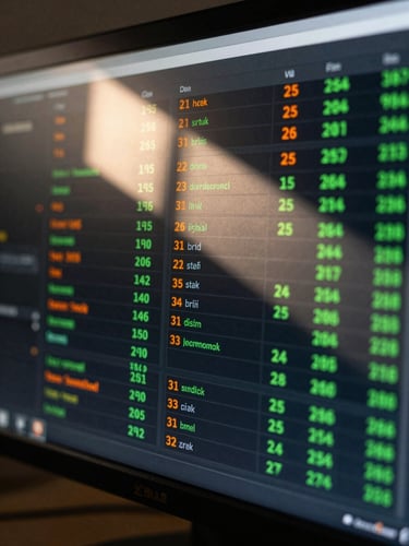 Tight macro crop of a digital dashboard on a dark monitor, glowing green and orange campaign metrics, sharp morning sunlight casting linear shadows across the screen.