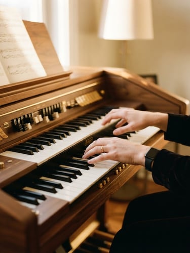 Elegant female hands playing a high-end electronic organ with polished walnut wood, warm golden-hour light illuminating the sheet music, shallow depth of field, 35mm