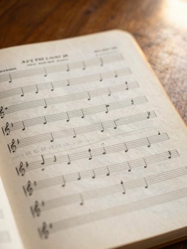 Close-up of old hymn book sheet music with delicate handwritten pencil fingering marks, warm ambient lighting, soft focus