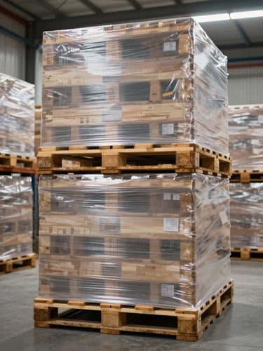 Straight-on architectural shot of neatly stacked, shrink-wrapped pallets in a bright, clean modern UK warehouse with high-key industrial lighting