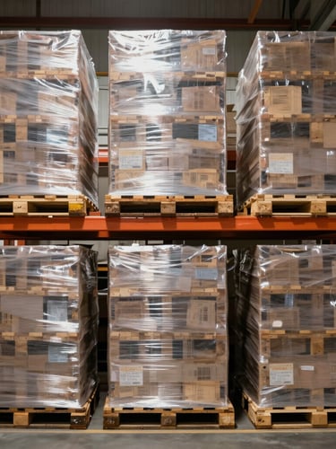 Straight-on architectural shot of neatly stacked, shrink-wrapped pallets on high-bay steel racking in a bright, clean modern UK warehouse distribution center.