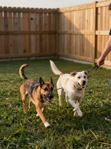 Medium-wide shot of an outdoor dog run at a boarding facility, two dogs mid-motion running across grass under golden afternoon light, wooden fence panels framing the background, a staff member's hand visible at the edge of frame releasing a dog