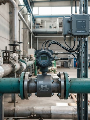 Medium-close shot of a telemetry-linked electromagnetic flowmeter mounted on industrial steel piping, bright natural daylight, cool slate and teal tones, sharp focus, technical engineering aesthetic