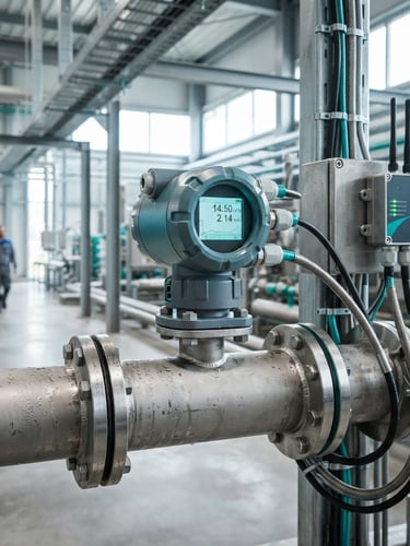 Industrial telemetry-linked electromagnetic flowmeter installed on a steel pipe inside a bright modern manufacturing facility, cool slate grey and technical teal tones, sharp focus.