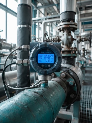 Close-up of a digital electromagnetic flowmeter installed on an industrial pipe, blue LED telemetry screen glowing, bright daylight, crisp technical focus.
