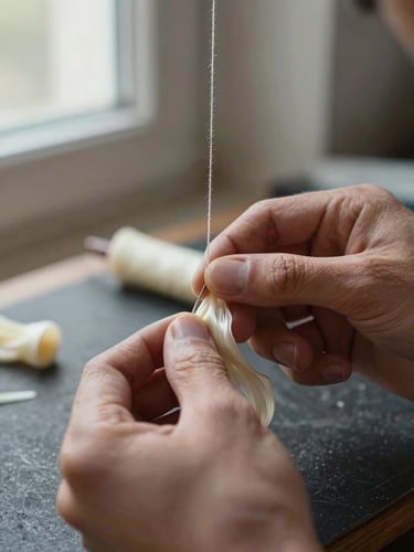 Extreme close-up of an artisan's hands guiding ivory silk through a needle by soft north-facing window light, thread tension visible mid-air, dark charcoal work surface beneath, no face visible, surgical and intimate