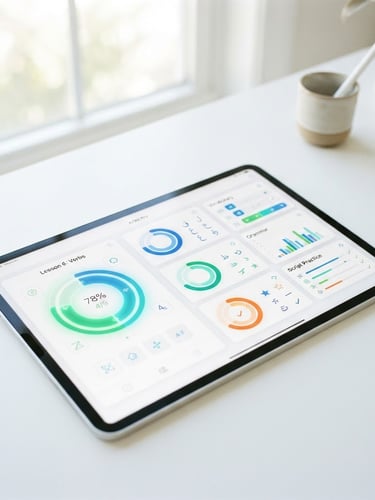 A high-key minimalist digital mockup of an iPad displaying an interactive Arabic study guide with clean green and blue progress indicators, bright natural light, 35mm