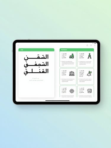 A minimalist digital mockup of an iPad showing an Arabic educational PDF on the left and AI-generated flashcards and summaries on the right, clean studio lighting with soft green and blue accents, 35mm