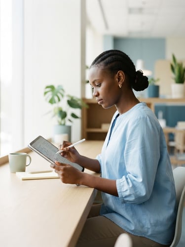 A clean editorial photograph of a Sudanese student studying with a tablet in bright natural daylight, minimalist composition, soft blue and green accents, high-key lighting, 35mm