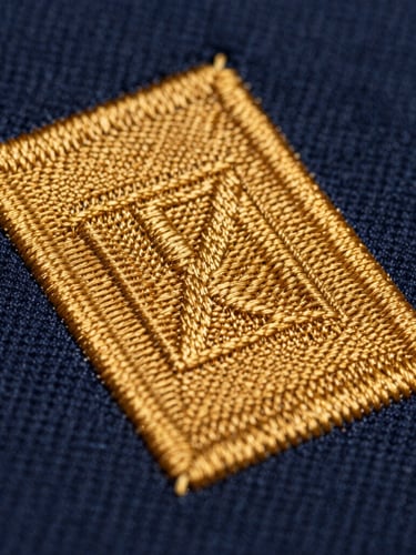 Macro extreme close-up of high-density embroidery stitch on deep navy corporate polo fabric, crisp golden-amber thread showing heavy texture and dimensional relief, bright clean studio lighting.
