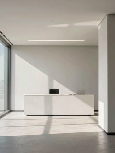 Minimalist corporate office with clean geometric lines, soft natural daylight, architectural shadow patterns, highly professional executive atmosphere
