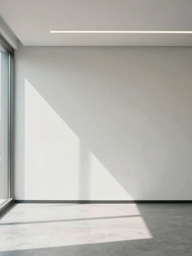 A minimalist corporate office with clean lines, soft natural daylight, geometric composition, negative space, conveying order and professional focus.