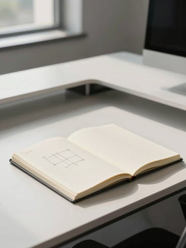 Minimalist modern office desk with clean architectural lines, structured notebook with diagrams, soft natural daylight, professional executive atmosphere