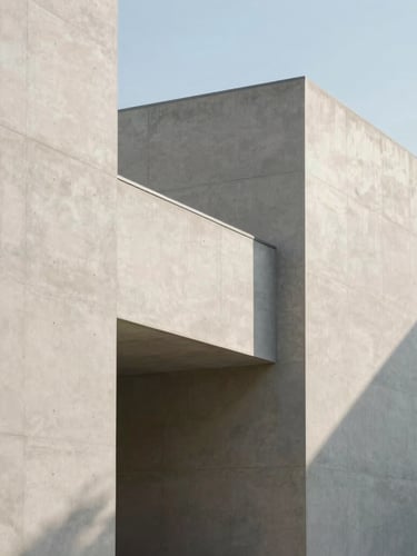 Minimalist architectural lines of a modern concrete building, clean geometric shadows, daylight, serene composition