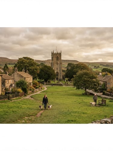 Wide panoramic view of Scholes village green at golden hour, a historic parish church tower visible in the background, with a few residents walking dogs, soft natural overcast daylight, earthy tones, nostalgic film grain, 35mm lens, candid framing.