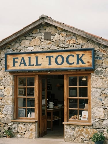 A warm environmental shot of a small independent shopfront in a stone village, hand-painted wooden sign, soft overcast daylight.