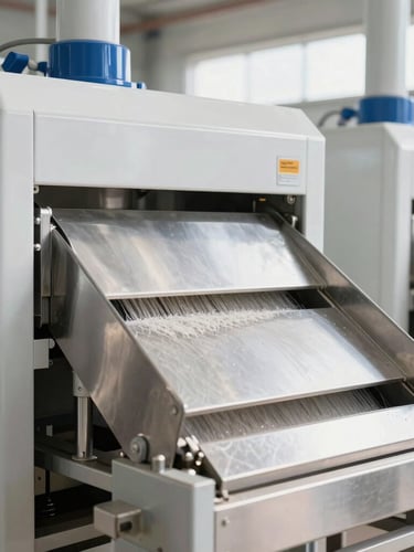 Modern industrial rice milling facility with stainless steel grading machinery, bright clean daylight, sharp focus