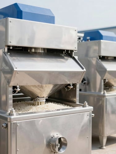 Crisp commercial photography of a modern high-end rice milling facility, clean stainless steel machinery, bright daylight, sharp focus.
