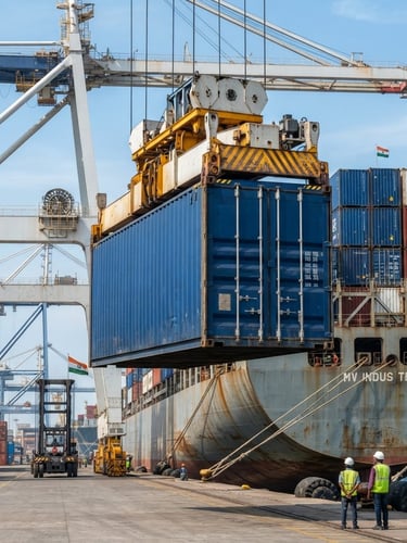 Crisp commercial photography of a deep blue shipping container being loaded onto a cargo vessel at an industrial Indian port, bright clean daylight, high-end logistics.