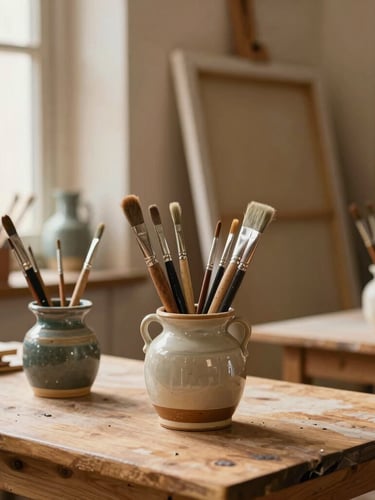 Close-up of a sunlit artist atelier in Barcelona, wooden tables with ceramic pots holding paintbrushes, canvases resting against a warm plaster wall, soft side window lighting, shallow depth of field