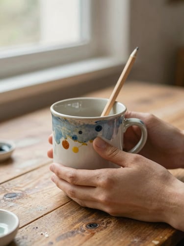 Close-up of hands holding a paint-stained ceramic mug and a natural wood pencil on a rustic table, soft side window light, warm editorial photography