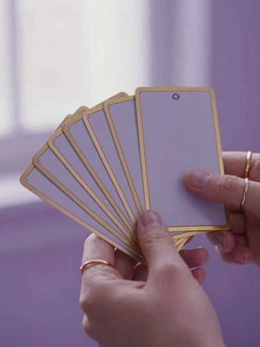 Close-up of hands with delicate gold rings holding minimalist gold-edged tarot cards, soft diffused window light, deep plum tones, editorial 35mm.