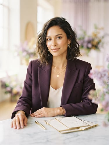 Ethereal editorial portrait of a confident woman in a structured plum blazer, soft lilac light, gold-rimmed cards resting on a marble table, shallow depth of field.