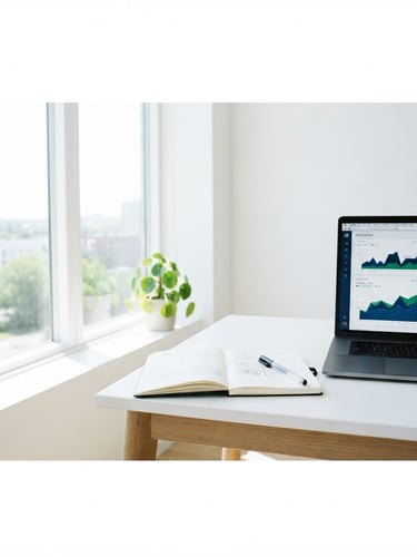 Bright high-key photograph of a clean modern workspace with a laptop displaying data, a notebook, and a pen, with natural light streaming from a large window, minimalist composition, 35mm, wide structured workspace environment, right third of the panoramic frame.