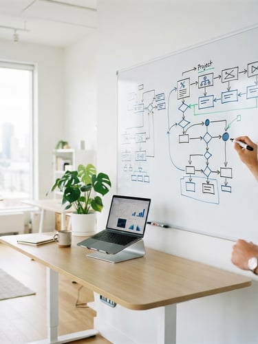 Wide shot of a clean, modern workspace with a whiteboard showing workflow diagrams, a laptop, and a hand holding a marker, bright natural light, crisp white and deep blue tones, 35mm