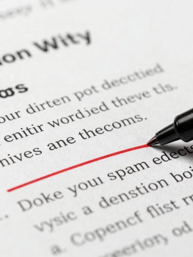 Sharp macro photograph of an annotated copywriting wireframe on a clean desk, high-contrast studio lighting, monochrome with deep shadows, crisp details of red pen markups on printed conversion copy.