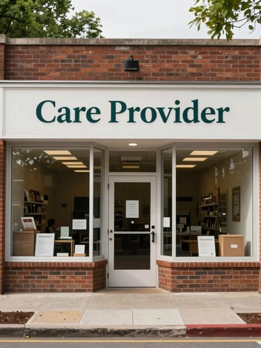 Straight-on eye-level photograph of the clean brick storefront of Care Provider in Alexandria, soft natural daylight, quiet tree-lined sidewalk, professional apothecary signage.