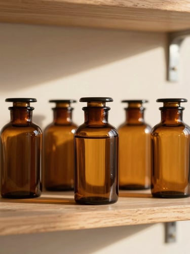 Straight-on eye-level shot of amber glass apothecary jars on a clean wooden shelf, soft morning light, warm cream background.