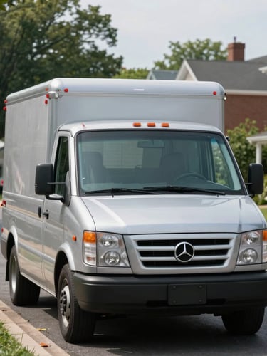 A clean, unmarked silver delivery vehicle parked on a quiet residential street in Alexandria, Virginia, bright natural daylight, soft shadows, straight-on eye-level shot.