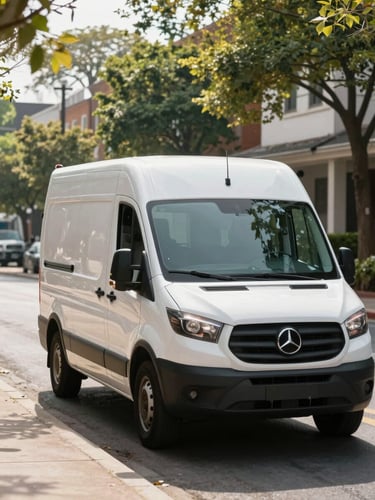 A clean delivery vehicle parked on a quiet, tree-lined Alexandria street during bright daylight, soft shadows, professional and discreet.