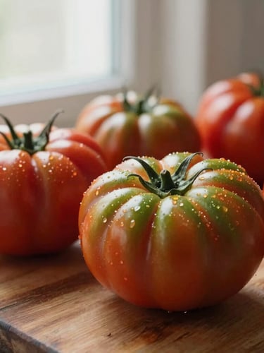 Close-up of raw heirloom tomatoes on a rustic wooden prep table, soft morning overcast light, shallow depth of field, rich crimson and forest green tones