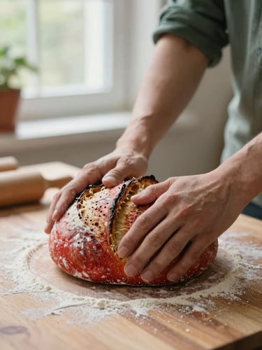 A close-up of hands kneading sourdough on a floured wooden table under soft morning window light, shallow depth of field