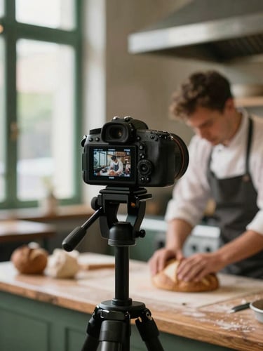 A professional camera on a tripod positioned in a warm, naturally lit restaurant kitchen, capturing a chef kneading sourdough bread in the background, shallow depth of field