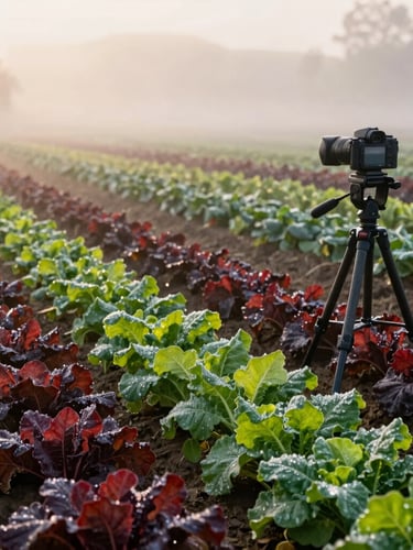 A wide editorial shot of a misty heritage farm at sunrise, soft golden light catching dew on rows of leafy greens, a camera setup on a low tripod in the foreground.