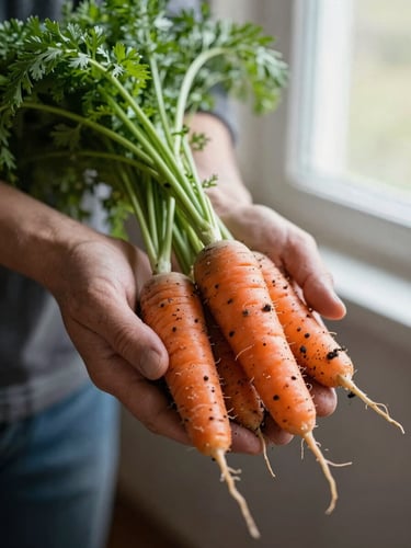Close-up of a farmer's hands holding freshly harvested heirloom carrots with rich soil, soft morning overcast light, shallow depth of field.