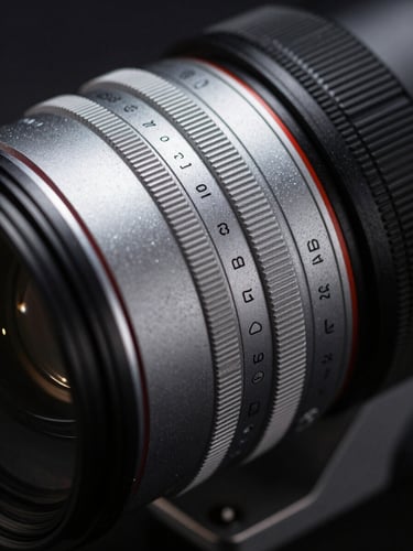 Extreme macro close-up of a high-end cinema lens, cool silver highlights, deep shadows, dramatic low-key studio lighting, technical precision.