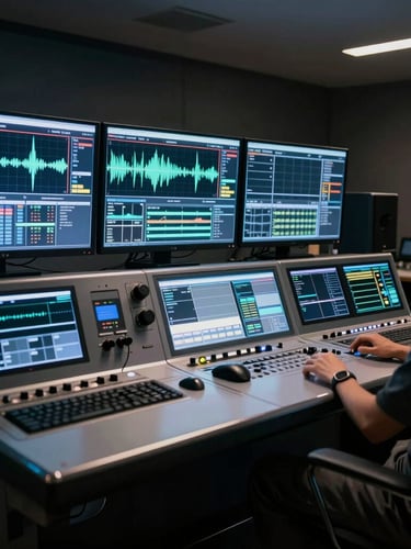Cinematic wide shot of a high-end broadcast control room, glowing monitors displaying technical waveforms, cool silver highlights and deep shadows, low-key dramatic lighting.