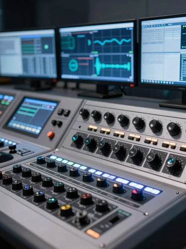 A high-end broadcast control room at night, glowing blue and silver monitors, rack-mounted hardware arrays, shallow depth of field focusing on technical dials.