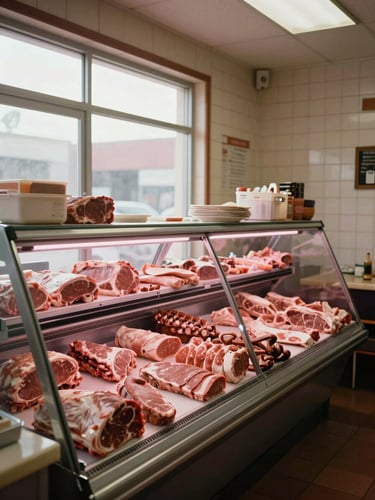 Wide interior shot of a butcher shop counter bathed in warm natural daylight from a side window, full display case visible with fresh cuts arranged in rows, the far wall and tiled surfaces of an honest neighborhood shop — no people, no staging, shot from slightly above counter height