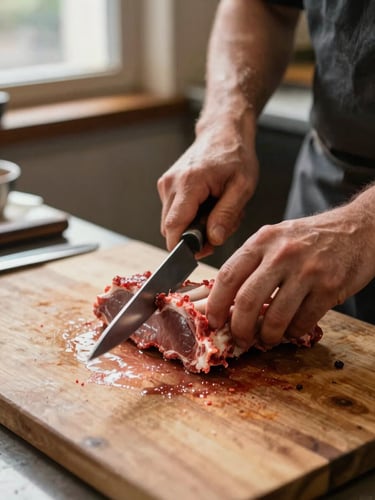 Portrait-orientation close-up of a butcher's hands using a boning knife to separate meat from bone on a wooden cutting block, warm natural daylight from a shop window to the upper left, motion slightly blurred at the blade tip, no face visible, honest working environment
