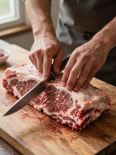 Close overhead shot of a butcher's hands trimming a thick cut of beef on a worn wooden block, natural daylight from a nearby window casting soft warm light across the meat's marbling and the butcher's forearms, knife resting at the edge of the frame