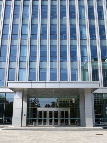 Symmetrical architectural shot of a modern institutional office building entrance in Baku, clean glass facade, bright daylight, professional corporate atmosphere