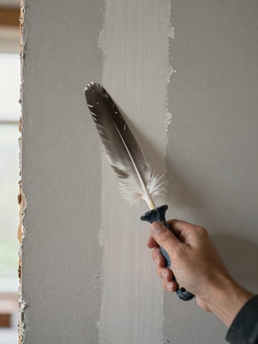 Close-up of a drywall repair patch being feathered with a wide knife, compound visible mid-stroke on a gray wall surface, natural room light, no staging or props